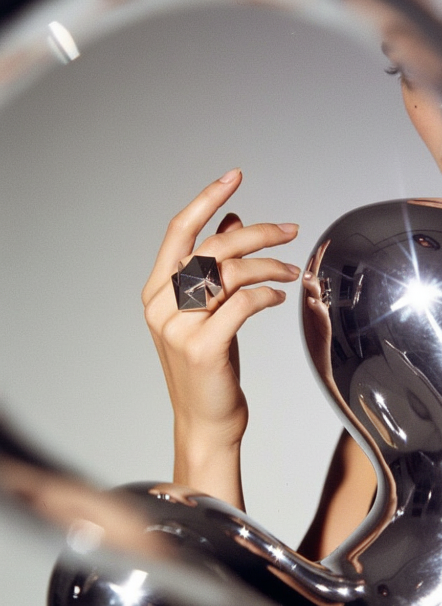 Geometric ring with chrome sphere reflection