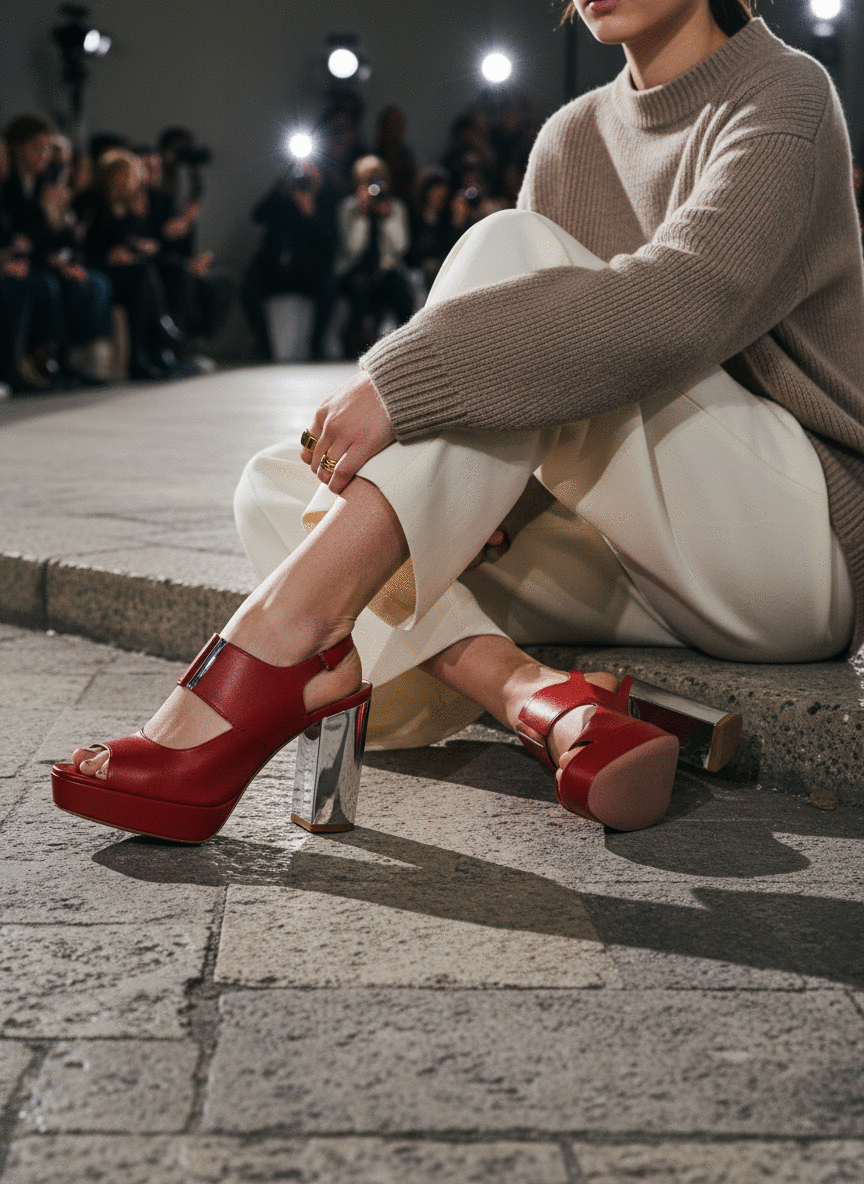 Fashion runway with gold rings and red platform shoes