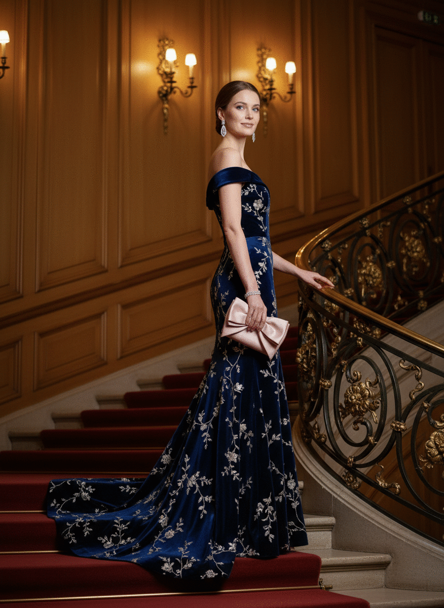 Embroidered gown on staircase