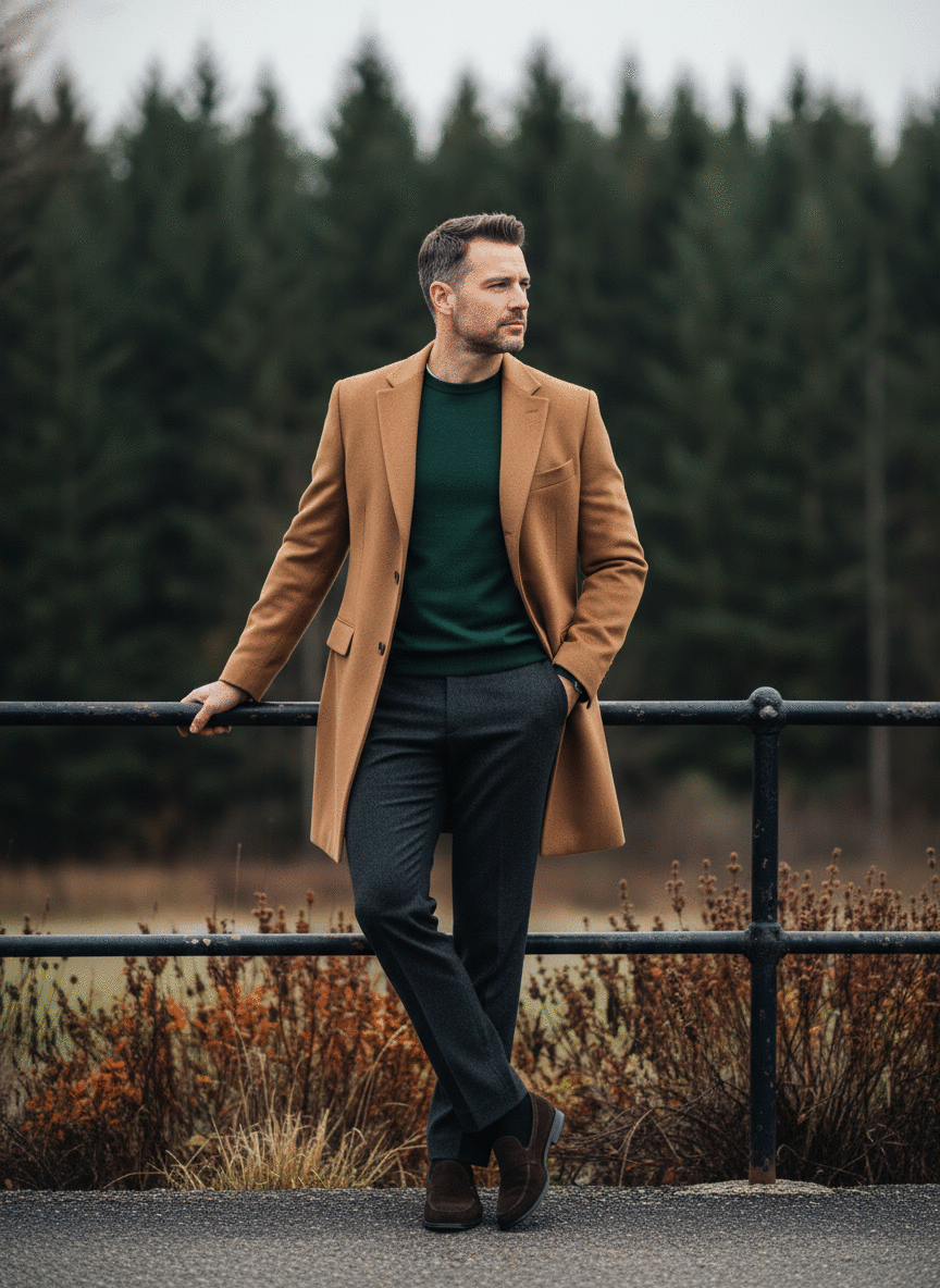 Camel overcoat menswear